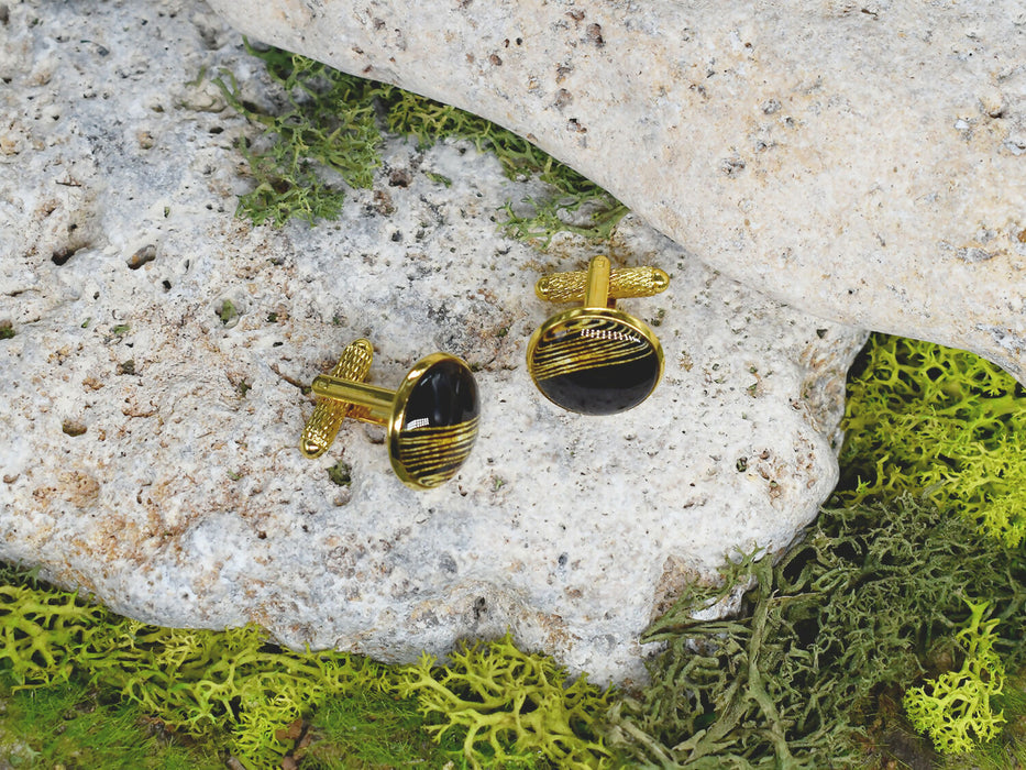 Gold Steel Cufflinks with Black-Gold Abstract Glass #62