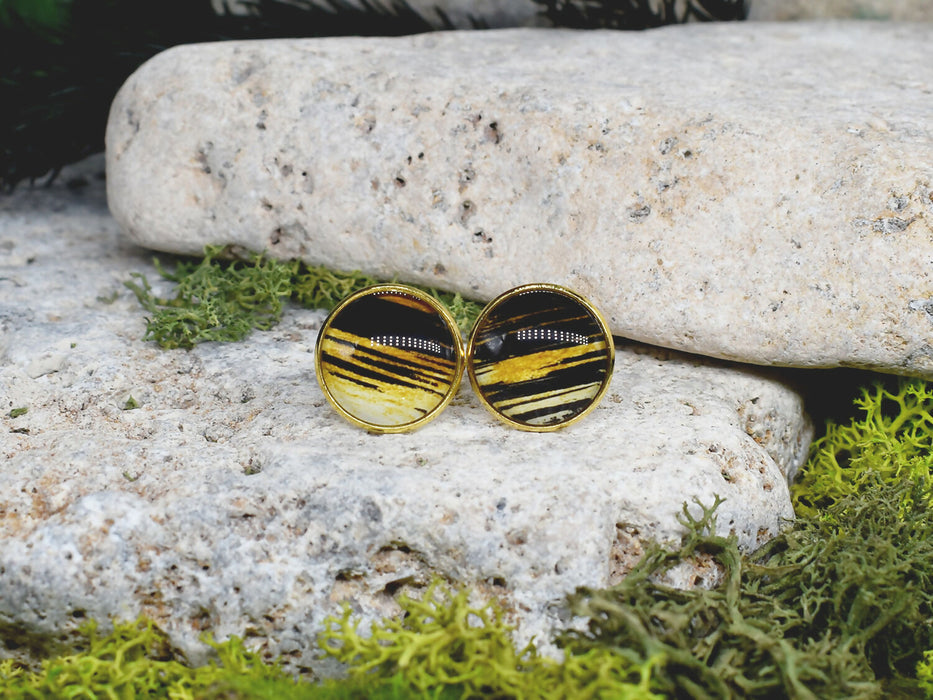 Gold Steel Cufflinks with Black-Gold Abstract Glass #63